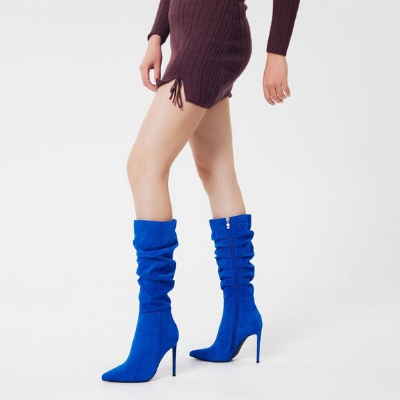Women's Royal-Blue Suede Knee High Side Zipper Pointed Toe Stylish Dress Boot - Picture 6 of 6